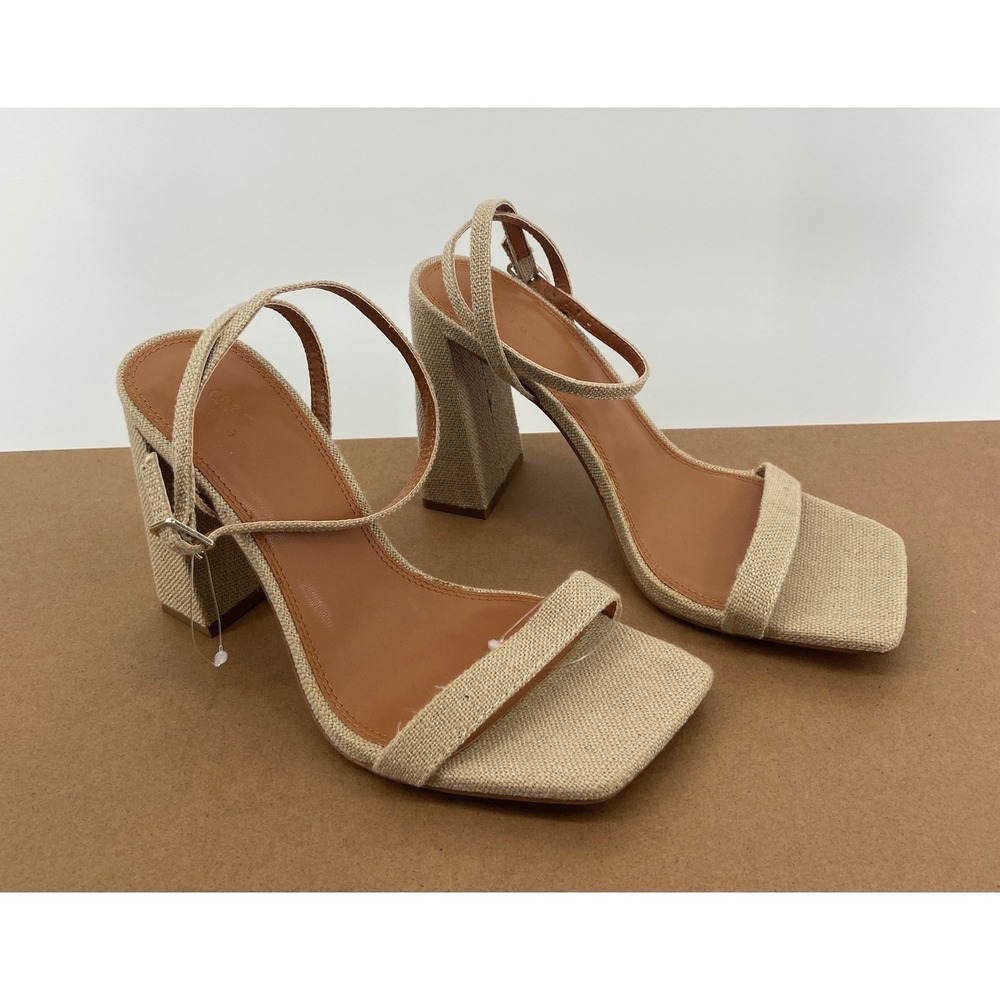 ASOS DESIGN Women Beige Canvas Square Toe Block Heel Sandals Ankle Strap Sz 7